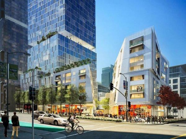 Now a construction staging area, the block at First and Folsom streets is slated for new residential buildings including a 550-foot tower.